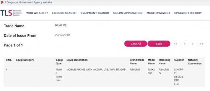 Realme 5i certification from Singapore IMDA via Revu Philippines