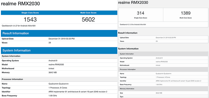 Realme 5i Geekbench benchmark scores in versions 4 and 5 via Revu Philippines