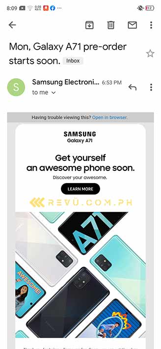 Samsung Galaxy A71 preorder teaser notice via Revu Philippines