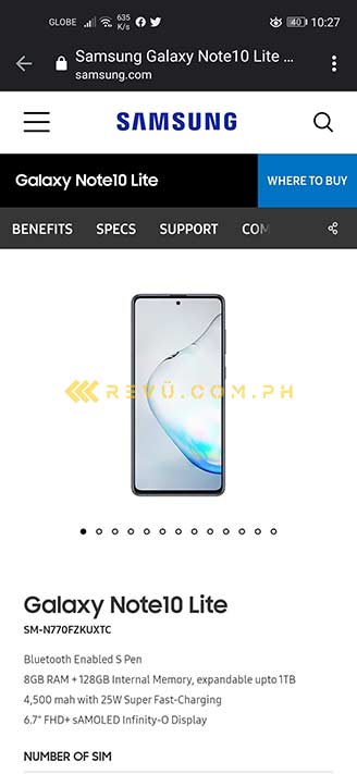 Samsung Galaxy Note 10 Lite product page via Revu Philippines