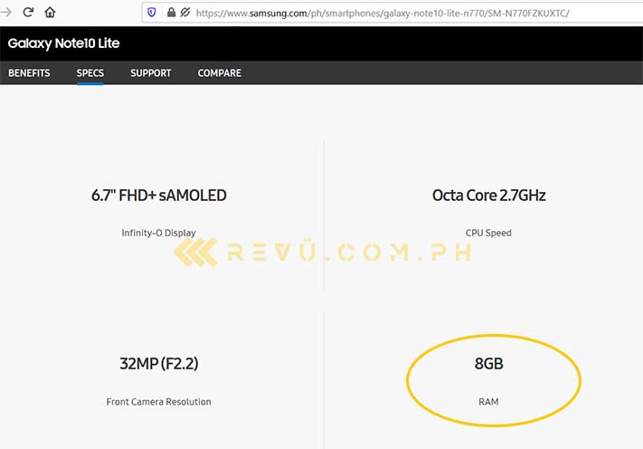 Samsung Galaxy Note 10 Lite product page and available versions via Revu Philippines