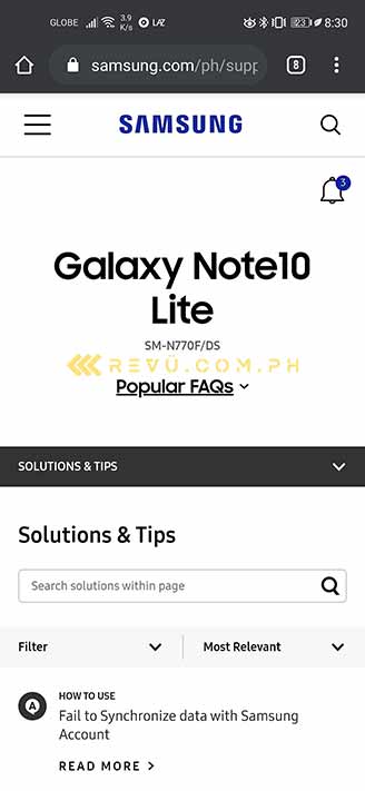 Samsung Galaxy Note 10 Lite support page spotted by Revu Philippines