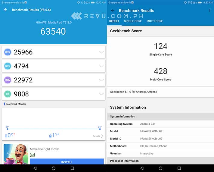 Huawei MediaPad T3 8 Antutu and Geekbench benchmark scores by Revu Philippines