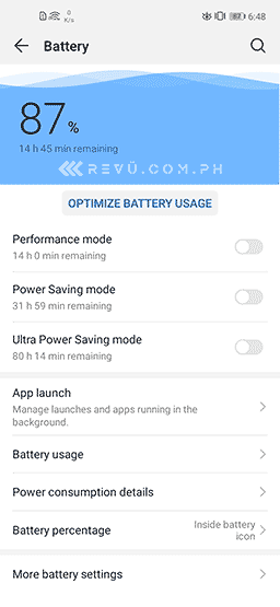 Huawei Y7p battery life settings screenshot via Revu Philippines