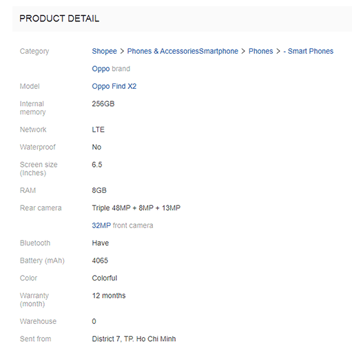 OPPO Find X2 specs listed on Shopee Vietnam via Revu Philippines