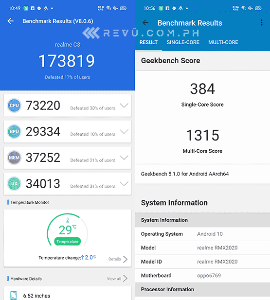 Realme C3 Antutu and Geekbench benchmark scores via Revu Philippines