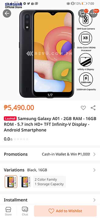 Samsung Galaxy A01 price and specs spotted online by Revu Philippines