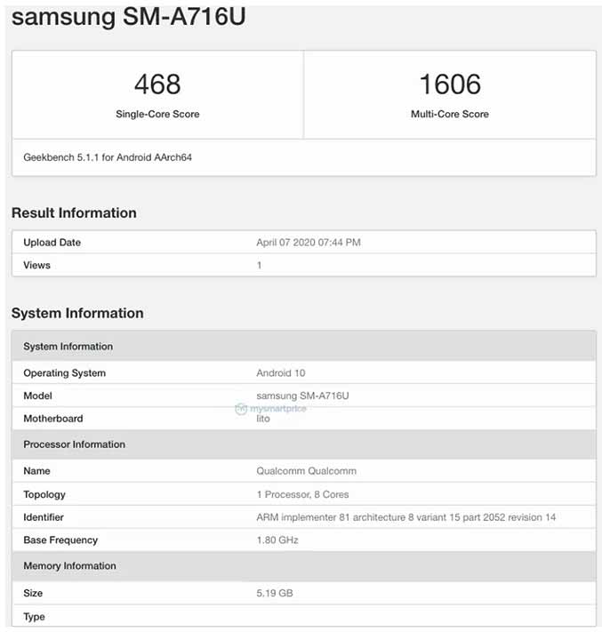 Samsung Galaxy A71 5G with Qualcomm Snapdragon processor's Geekbench benchmark scores via Revu Philippines