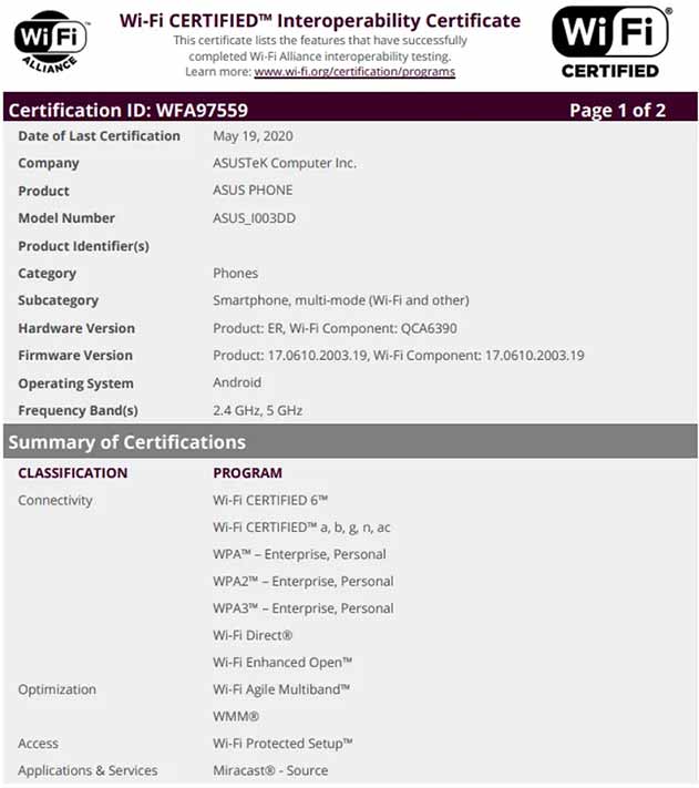 ASUS ROG Phone 3 likely Wi-Fi Alliance certification spotted via Revu Philippines
