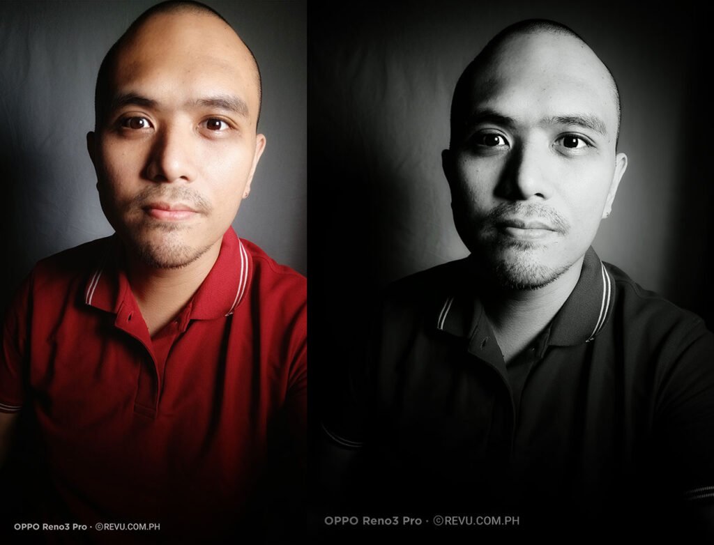 OPPO Reno 3 Pro selfie pictures: auto vs black and white by Revu Philippines