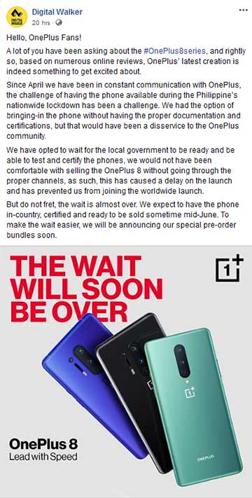 OnePlus 8 and OnePlus 8 Pro's local availability: Digital Walker's statement via Revu Philippines