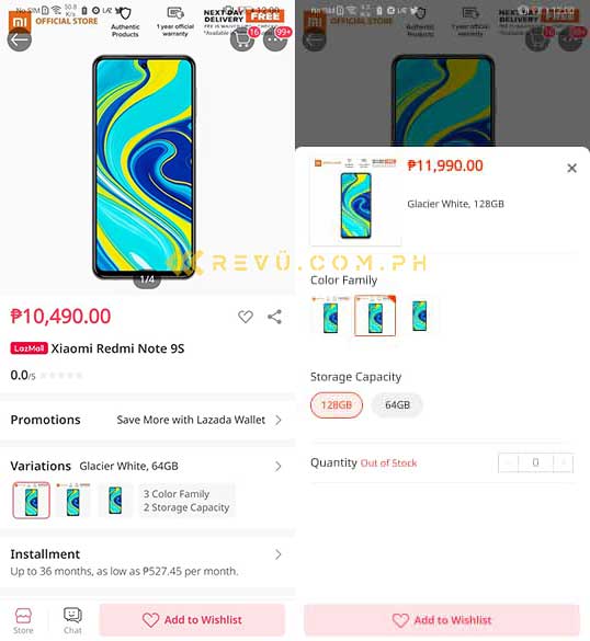 Xiaomi Redmi Note 9S price and specs in Lazada listing via Revu Philippines