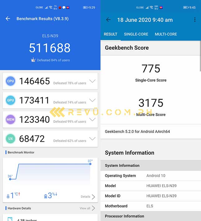 Huawei P40 Pro Plus Antutu and Geekbench benchmark scores via Revu Philippines