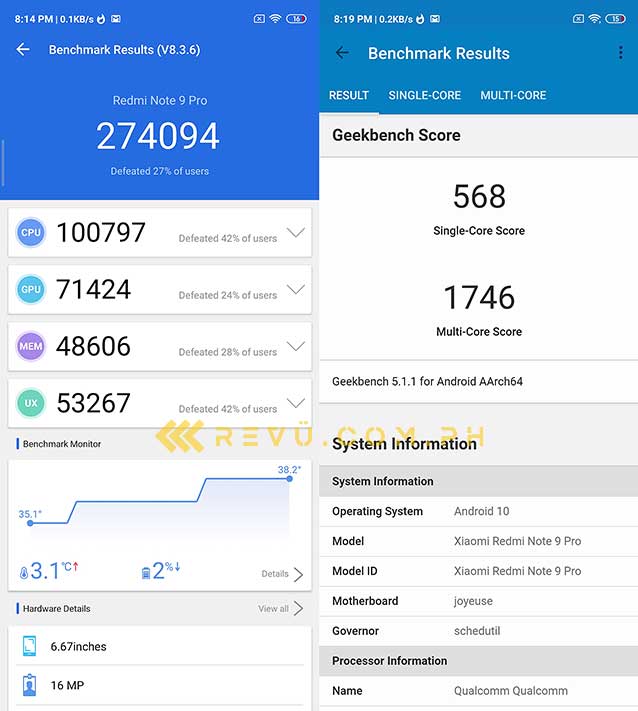 Xiaomi Redmi Note 9 Pro Antutu and Geekbench benchmark scores by Revu Philippines