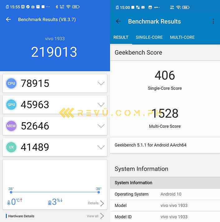 Vivo V19 Antutu and Geekbench benchmark scores via Revu Philippines