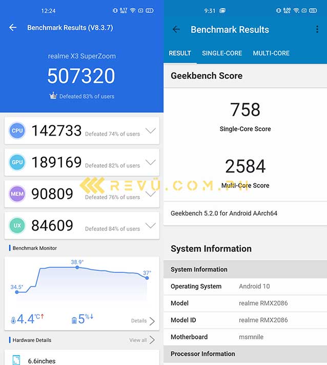 Realme X3 SuperZoom Antutu and Geekbench benchmark scores by Revu Philippines