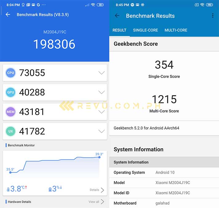 Xiaomi Redmi 9 Antutu and Geekbench benchmark scores via Revu Philippines