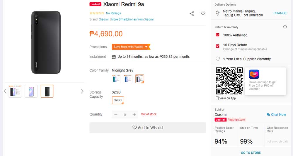 Xiaomi Redmi 9A price and specs in Lazada listing via Revu Philippines