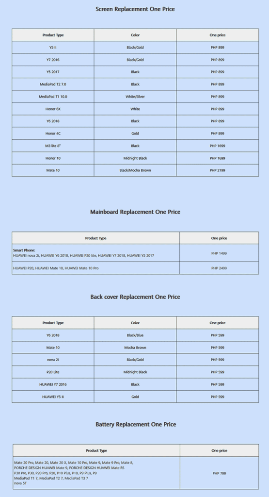 Huawei One Price Repair service promo prices from August to September 2020 via Revu Philippines