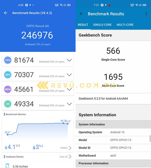 OPPO Reno 4 Antutu and Geekbench benchmark scores by Revu Philippines