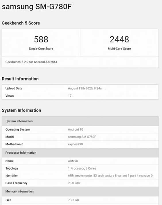Supposed Samsung Galaxy S20 FE Geekbench benchmark scores via Revu Philippines