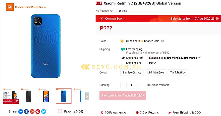 Xiaomi Redmi 9C availability spotted by Revu Philippines on Shopee