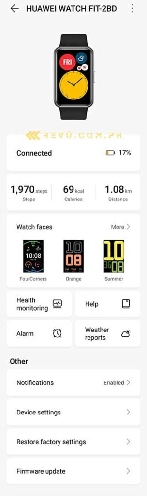 Screenshot of the Huawei Watch Fit phone app via Revu Philippines