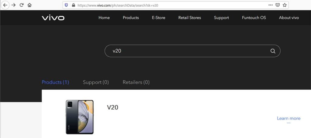 Vivo V20 listing on Vivo Philippines' site via Revu Philippines