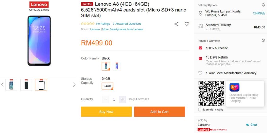 Lenovo A8 price and specs on Lazada Malaysia via Revu Philippines