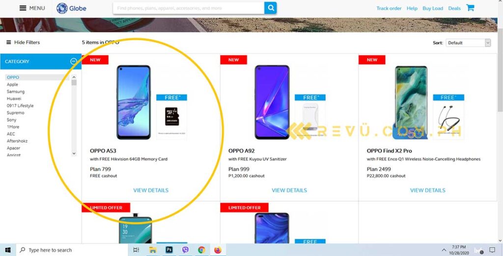 OPPO A53 2020 spotted Globe postpaid plan price and specs via Revu Philippines