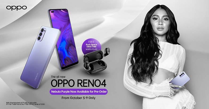 OPPO Reno 4 Nebula Purple price, specs, and preorder period and freebie via Revu Philippines (Poster featuring Nadine Lustre)