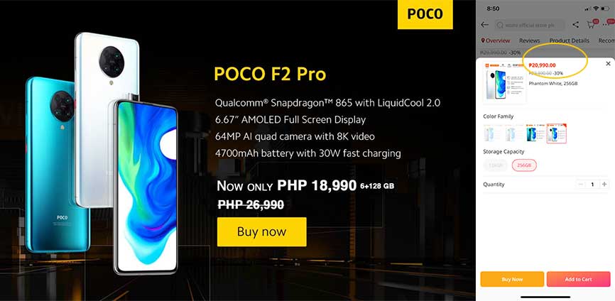 POCO F2 Pro new low prices on Lazada as of October 7, 2020, via Revu Philippines