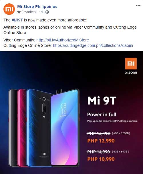 Xiaomi Mi 9T price drop in October 2020 via Revu Philippines