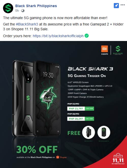 Black Shark 3 11.11 sale price and freebies via Revu Philippines