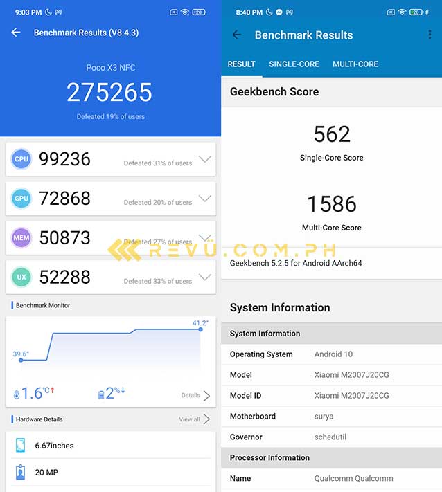 POCO X3 NFC Antutu and Geekbench benchmark scores by Revu Philippines