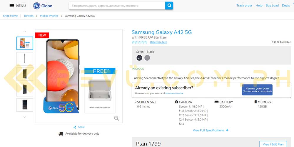 Samsung Galaxy A42 5G's Globe postpaid plan, price, and specs via Revu Philippines