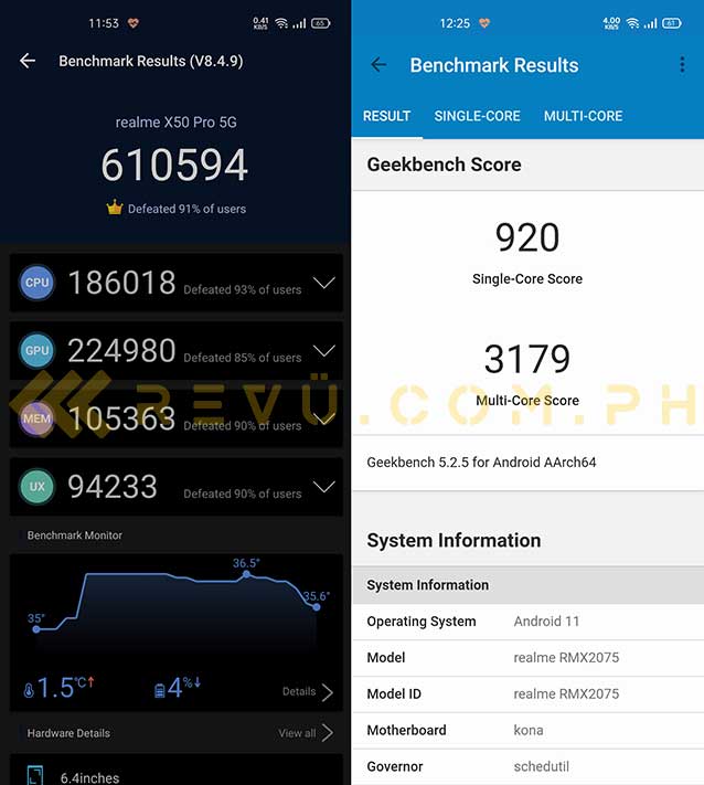 Realme X50 Pro 5G Antutu and Geekbench benchmark scores by Revu Philippines