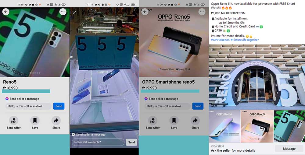 OPPO Reno 5 4G listings on Facebook via Revu Philippines