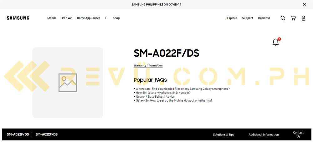 Samsung Galaxy A02 with model name SM-A022F DS spotted on Samsung site by Revu Philippines
