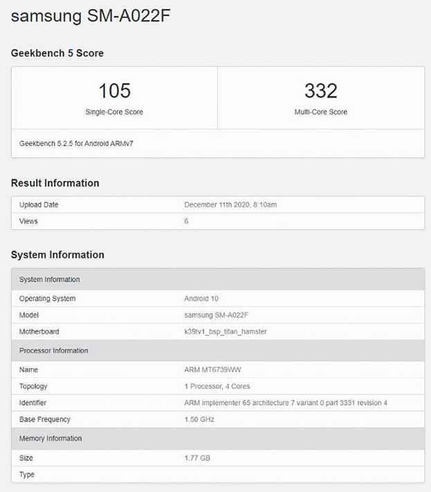 Samsung SM-A022F or Samsung Galaxy A02 Geekbench benchmark scores leak via Revu Philippines