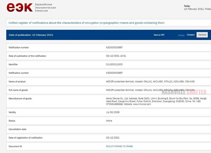 Honor V40 or Honor View 40 on EEC certification site via Revu Philippines