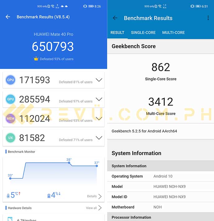 Huawei Mate 40 Pro Antutu and Geekbench benchmark scores via Revu Philippines