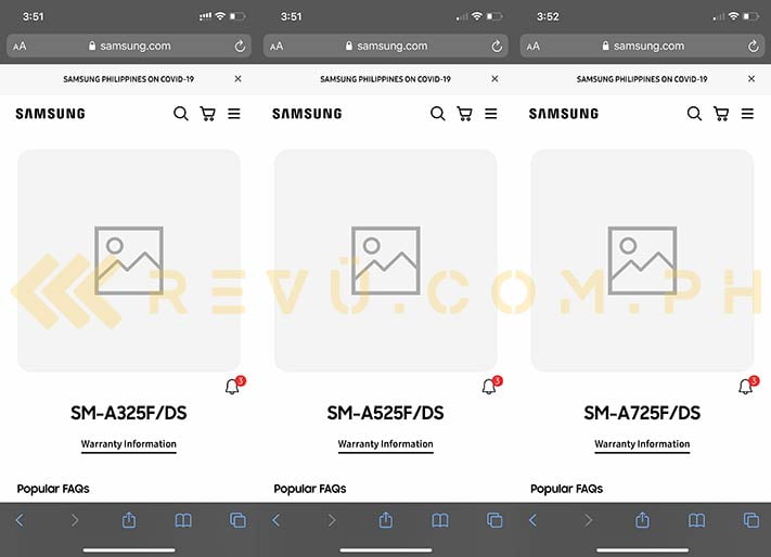 Samsung Galaxy A32, Samsung Galaxy A52, and Samsung Galaxy A72 4G models on the local site