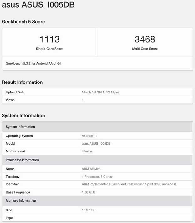 ASUS ROG Phone 5 with model number ASUS_I005DB: Geekbench benchmark scores spotted