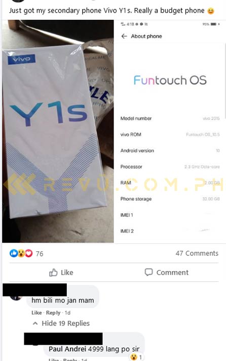 Vivo Y1s price, specs, and availability posted on Facebook via Revu Philippines