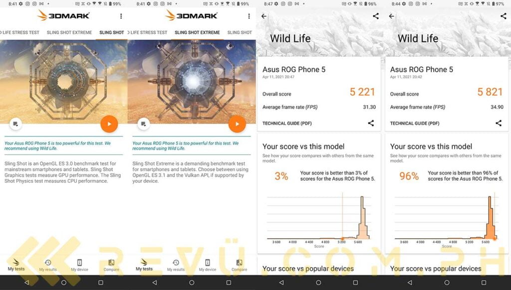 ASUS ROG Phone 5 Classic 3DMark Sling Shot, Sling Shot Extreme, Wild Life and Wild Life with X Mode on benchmark results in review by Revu Philippines