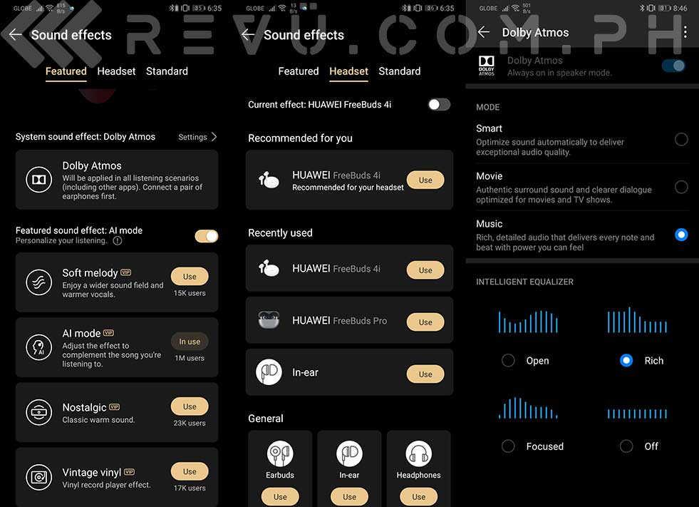 Available sound effects and equalizer controls in Huawei Music app via Revu Philippines