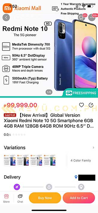 Redmi Note 10 5G listing spotted on Lazada by Revu Philippines