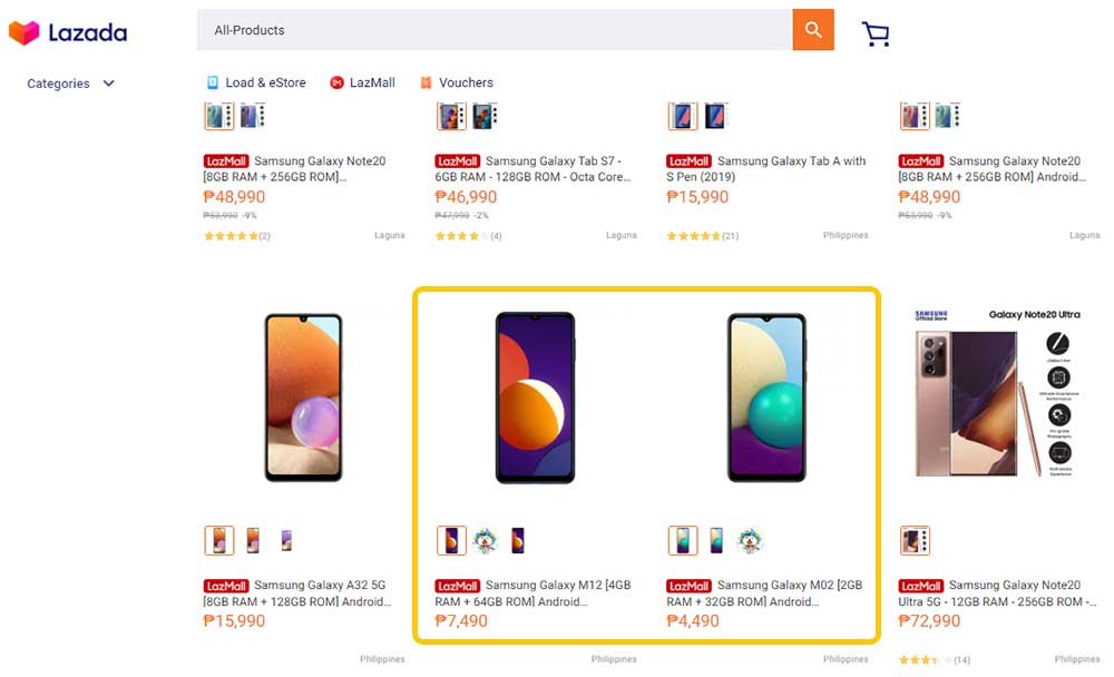 Samsung Galaxy M12 and Samsung Galaxy M02 on Lazada spotted by Revu Philippines