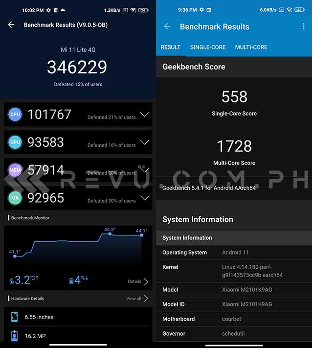 Xiaomi Mi 11 Lite Antutu and Geekbench benchmark scores in review by Revu Philippines